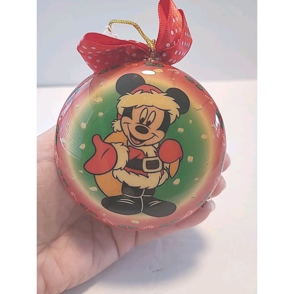 Vintage Santa Mickey Mouse Christmas Ornament Round Red Polka Dot Bow - Picture 1 of 4